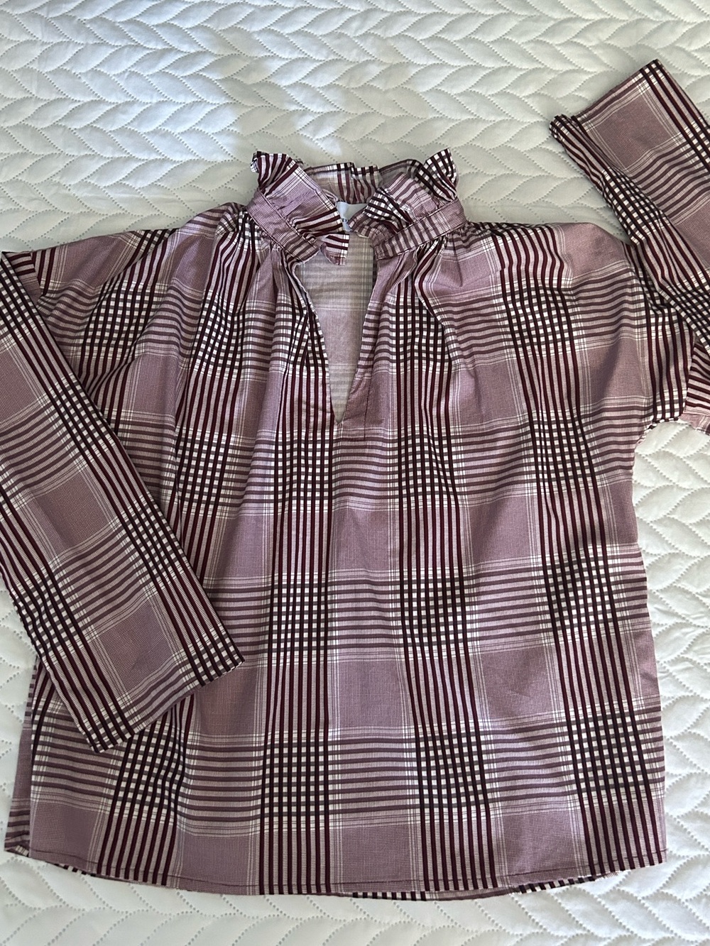 Tuckernuck Blouse by Never a Wallflower Plaid Ruffleneck Burgundy Vicki XS